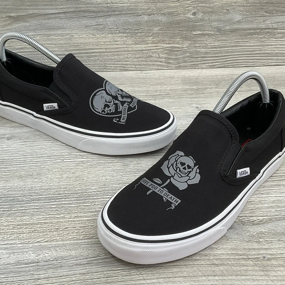 VANS Slip On Love You To Death Black Silver Canvas Shoes Womens Size 10 Mens 8.5